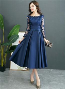 Picture of Navy Blue Satin Tea Length with Lace Long Sleeves Bridesmaid Dresses, Blue Short Party Dresses